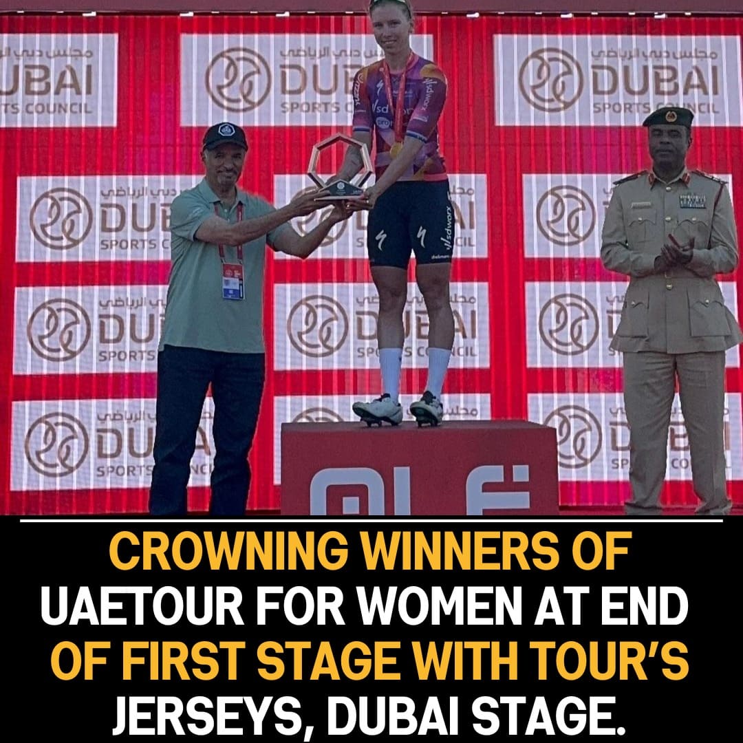 UAETour Women’s First Stage Culminates: Winners Honored with Jerseys in Prestigious Award Ceremony Held in Dubai.