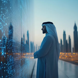 Man in traditional Emirati attire interacting with a digital AI interface overlooking Dubai skyline