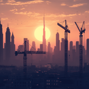 Silhouette of Dubai skyline at sunset with Burj Khalifa and construction cranes, representing rapid urban development and investment growth.